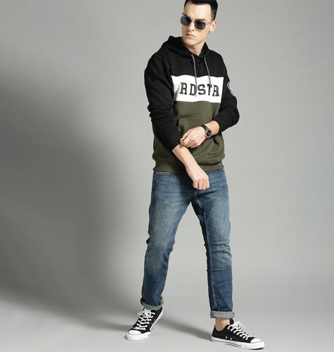 The Lifestyle Co Men Olive Green & White Colourblocked Hooded Sweatshirt